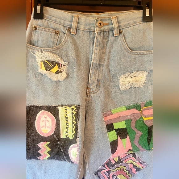 One Of A Kind 80's Inspired Handmade Patch Work Boyfriend Style Denim Jeans Sz 0 - Picture 8 of 10